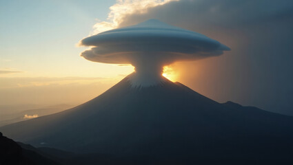 Dramatic sunset scene showing majestic volcanic mountain peak with lenticular clouds and warm golden sunlight behind