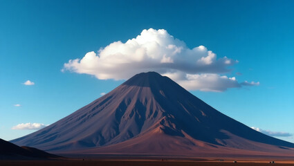 Fototapeta premium Dramatic view of volcanic mountain illuminated by sunlight with lenticular clouds hovering over peak against a vibrant blue sky scenery
