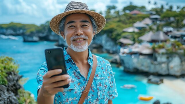 Happy senior man using phone at tropical beach