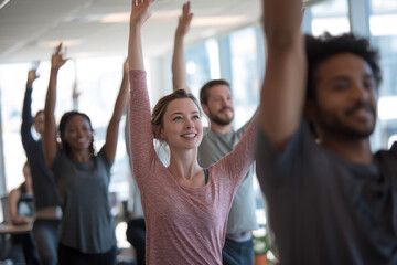 Group of diverse people stretching upward, arms raised, in a bright office setting, symbolizing teamwork, wellness, and corporate fitness