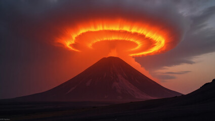Spectacular volcanic eruption with ring shaped lenticular clouds illuminating the sky dramatic landscape photography