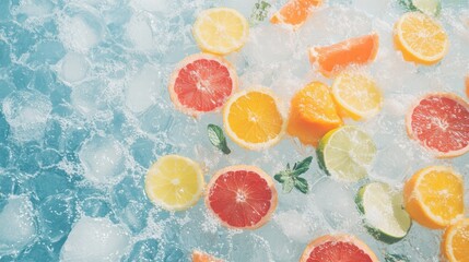 Refreshing citrus slices and ice cubes on water background with mint leaves