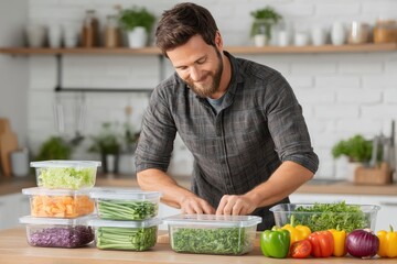 Fototapeta premium Man preparing meal prep containers with fresh vegetables, healthy habits, white background