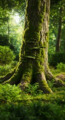 Fototapeta premium Moss-Draped Majesty: Sunlight in the Forest