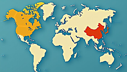 Obraz premium Global Political World Map with Highlighted Countries in Red