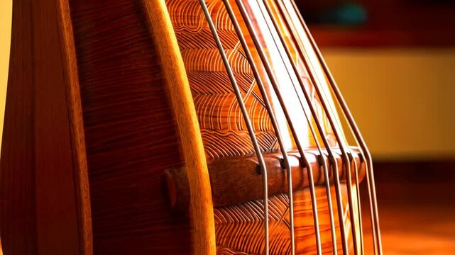 Close-up of a viola da gamba showing detailed woodwork and strings in warm light, showcasing craftsmanship and musicality.