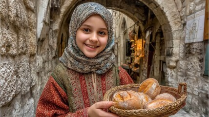 Young Palestinian Girl in Traditional Thobe Holding Bread in a Market Street in Nablus