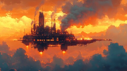 Floating factory city amongst fiery clouds.