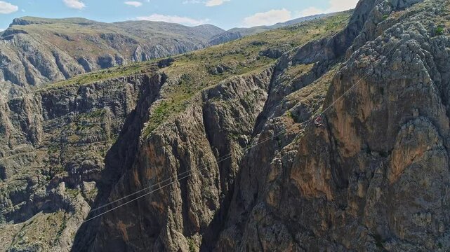 Person Jumping from Platform into Canyon Over River, Aerial Extreme Sports Scene