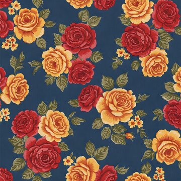 Estamapa vintage de mesa com flores vermelhas e amarelas com fundo azul,  Pano de festas junina .