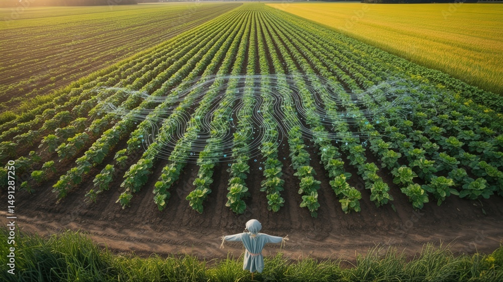 Poster scarecrow guarding a vibrant agricultural field, while a softly glowing holographic projection showc