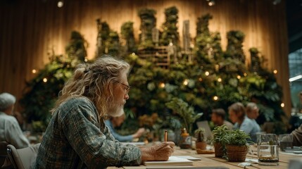 Obraz premium A man writing in a notebook at a table surrounded by lush greenery and warm lighting