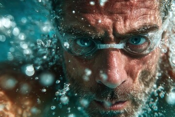 Man swimming laps in indoor pool, fitness dedication, white background
