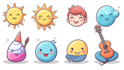 Eight cheerful cartoon characters two suns, a boy, a blue blob, paint, another blue blob, a yellow blob, and a person playing guitar, all with simple, happy expressions