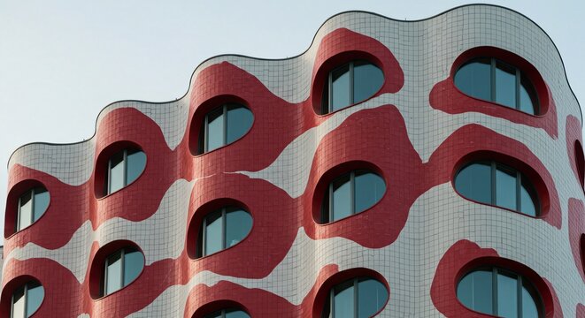 Modern architecture featuring a building with a red and white wavy tiled facade - Powered by Adobe