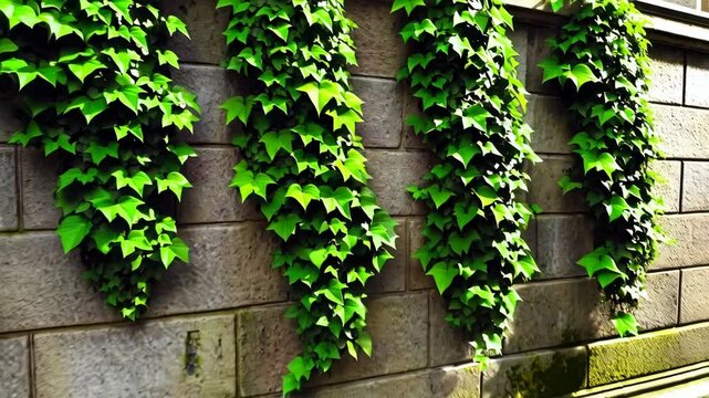 Bright green ivy climbs a textured stone wall, creating a natural vertical garden with vibrant foliage and unique architectural detail.