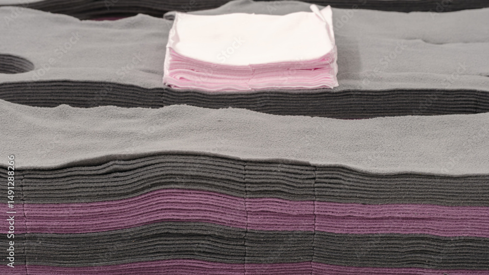 Poster a stack of pink napkins on a gray surface. the napkins are folded and stacked on top of each other