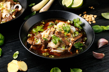 Thai Boat Noodle Soup with beef and vegetables. Kuai Tiao Ruea
