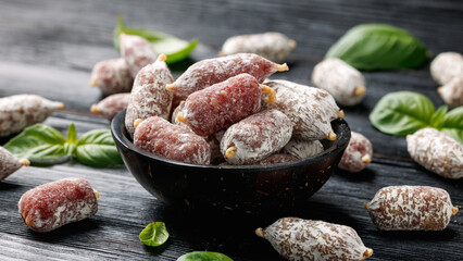 Mini Salami Snacks in bowl. Salami Appetizer Bites. Healthy food