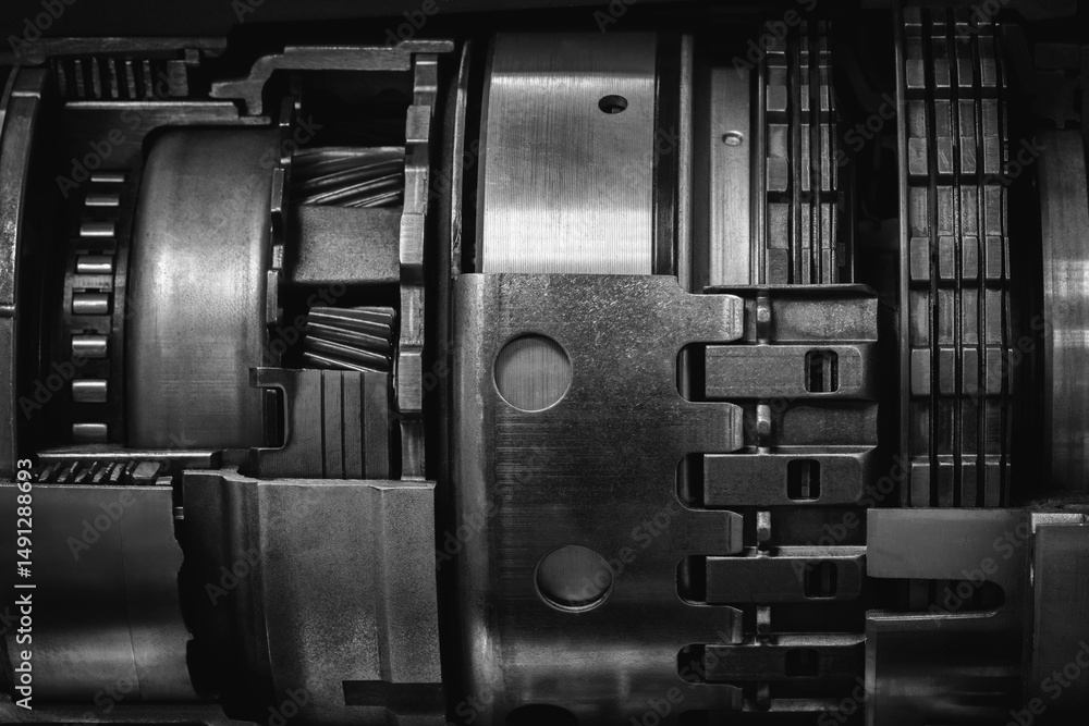 Leinwandbilder a dark black close up of a machine with many gears and discs. the concept of the powerful industrial
