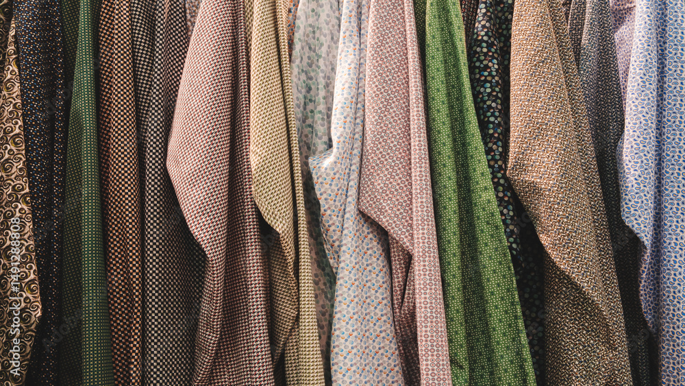 Fototapete a row of clothes with different patterns and colors. the clothes are hanging on a rack