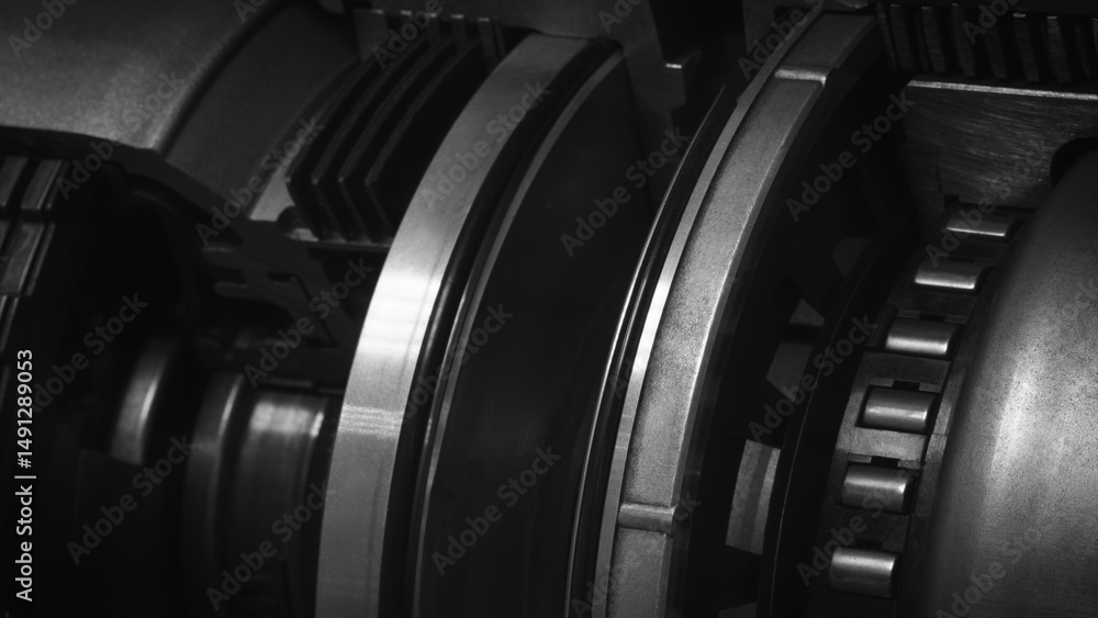 Leinwandbilder a dark black close up of a machine with many gears and discs. concept of powerful industrial energy 