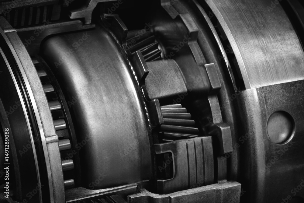 Poster A dark black close up of a machine with many gears and discs. concept of powerful industrial energy of complexity and intricacy, and a sense of awe at engineering behind machine.