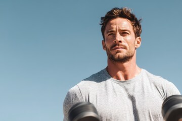 Man lifting weights in outdoor gym, fitness dedication, white background