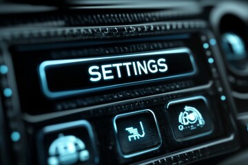 Close-up of a Futuristic Car Dashboard Display Showing the Settings Button, Highlighting Modern Automotive Technology and User Interface Design with Illuminated Controls and Sleek Aesthetics.