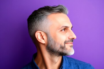 Obraz premium Classy men's fade haircut - midlife arabian man with middle hair. A strong and graceful male displaying confidence. Idea of style for aging men. Purple solid background.