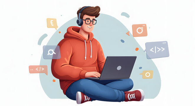 Modern cartoon illustration of a tech professional in casual clothes (hoodie and jeans), sitting with a laptop open and some floating code symbols around. 