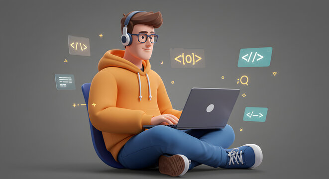 Modern cartoon illustration of a tech professional in casual clothes (hoodie and jeans), sitting with a laptop open and some floating code symbols around. 