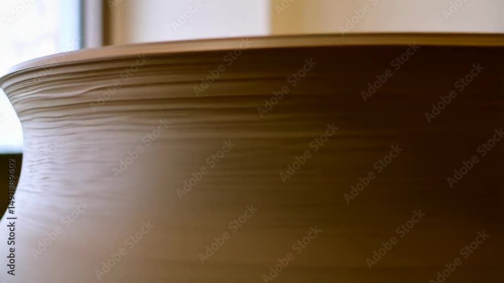 Poster abstract close-up of a large white clay vessel with horizontal lines and smooth texture indoor, ligh