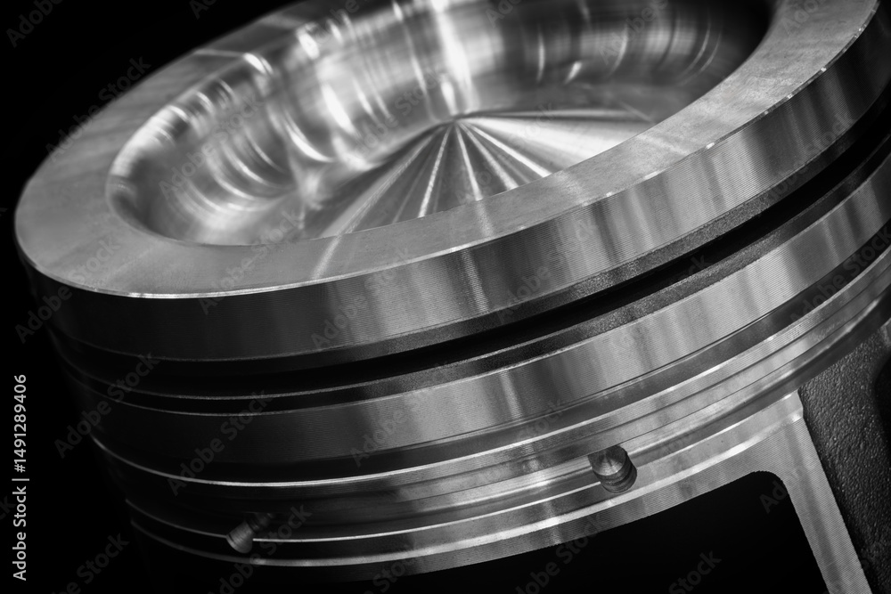 Poster dark black large piston engine. piston new and shiny. image has industrial and mechanical mood, serv