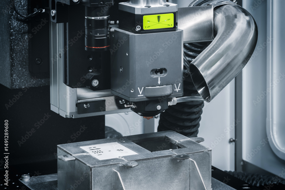 Poster A machine with a green light on it. The machine is used to make things. The machine is silver and black