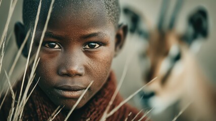 Young Rwandan Girl with Deep Gaze Standing Still Amidst Tall Grass and Antelope in Nature