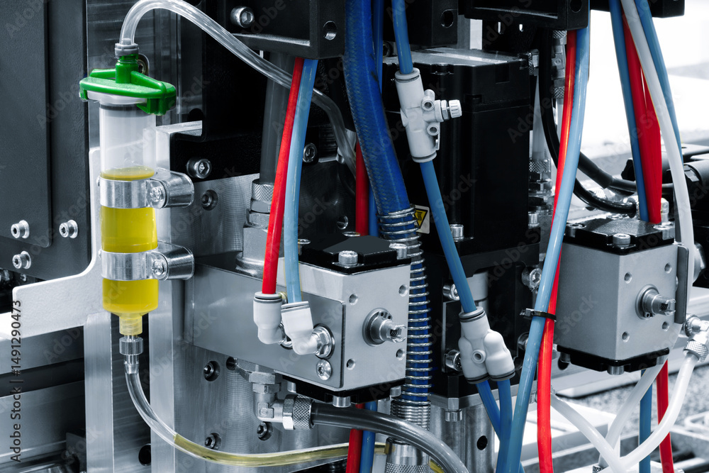Aufkleber a machine with many tubes and wires, one of which is yellow. the tubes and wires are connected to a 