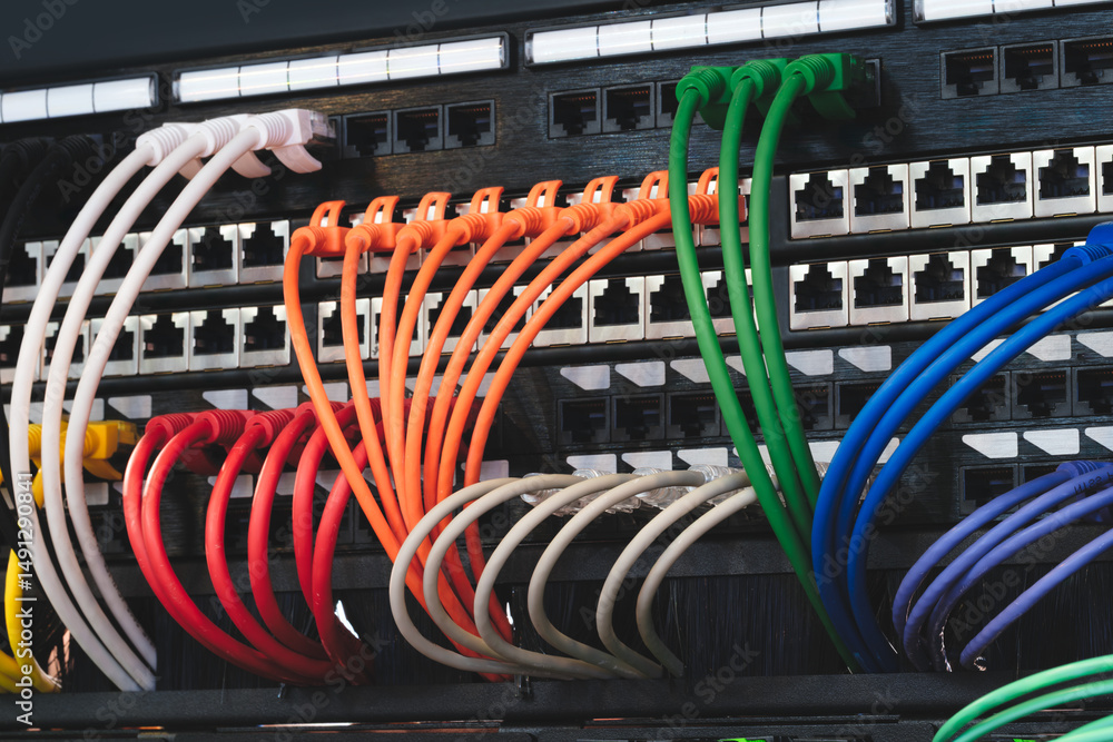 Poster a row of cables with different colors and numbers. the cables are connected to a black box. internet
