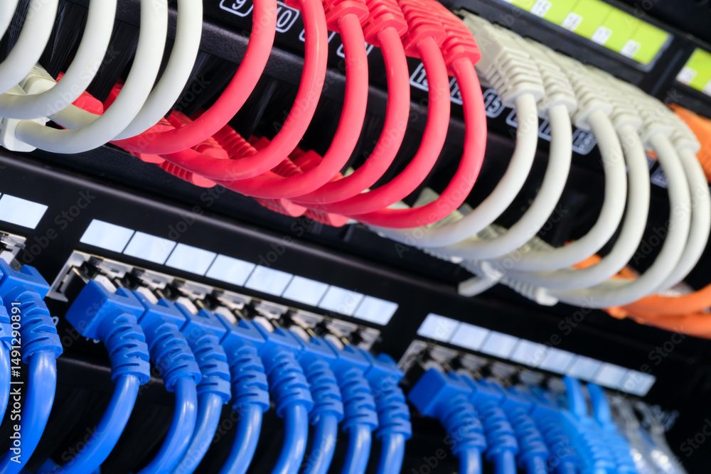 Poster a row of cables with different colors and numbers. the cables are connected to a black box. internet