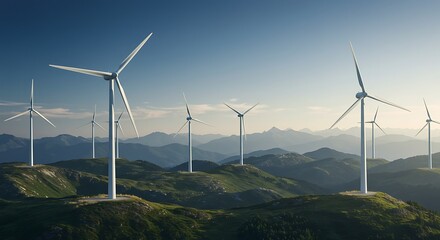 Wind turbines on hills landscape