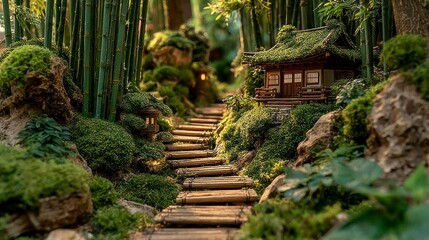 Enchanting Bamboo Pathway Leading to a Serene Retreat in a Lush Forest with Mossy Rocks and Tra