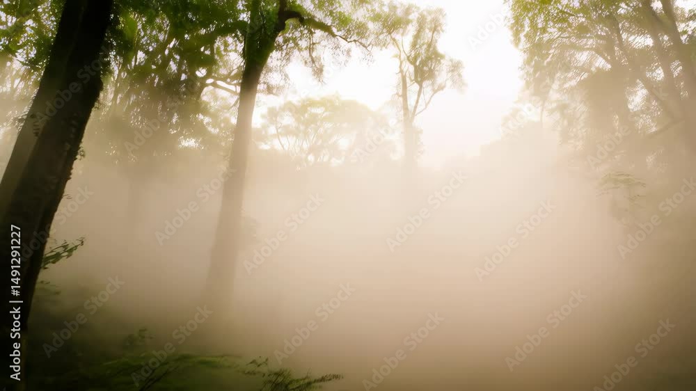 Poster enigmatic forest path enveloped in a dense fog with lush green vegetation and tall trees disappearin