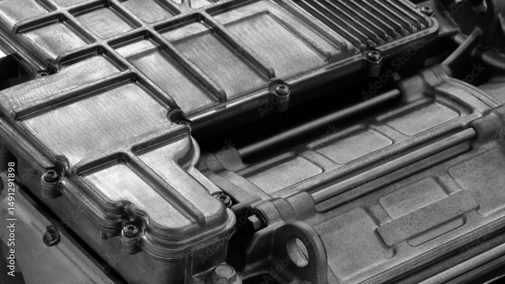 Poster a close up of a car engine with a black and white filter. the engine is made of metal and has a lot 
