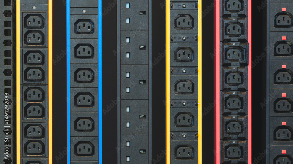 Poster a row of electrical outlets in different colors. the blue and yellow outlets are next to each other