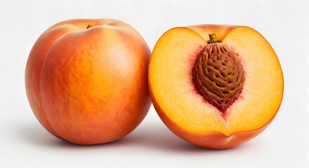 A pair of peaches side by side&mdash;one whole, one halved showing the contrast between the fuzzy exterior and the bright orange flesh with its sculpted pit, all on a pristine white surface.