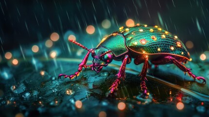 Fototapeta premium A vibrant, iridescent beetle, adorned with luminous dots, stands on a rain-slicked leaf under a dark, glittering sky