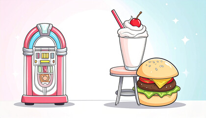 Retro diner scene with jukebox, milkshake, and burger (1)
