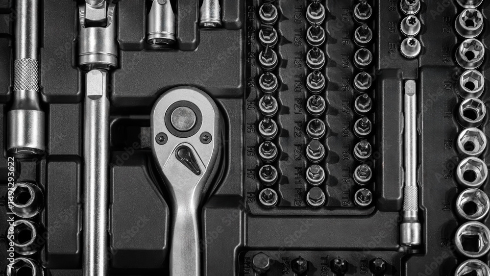 Poster A toolbox with many different tools including a wrench. The wrench is in the middle of the box