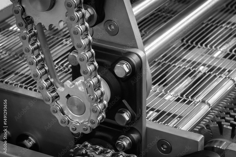 Poster A chain is attached to a machine and is being used to move a part. The chain is made of metal and is silver in color