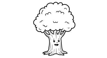 Cartoon tree smiling with lush foliage in black and white line art